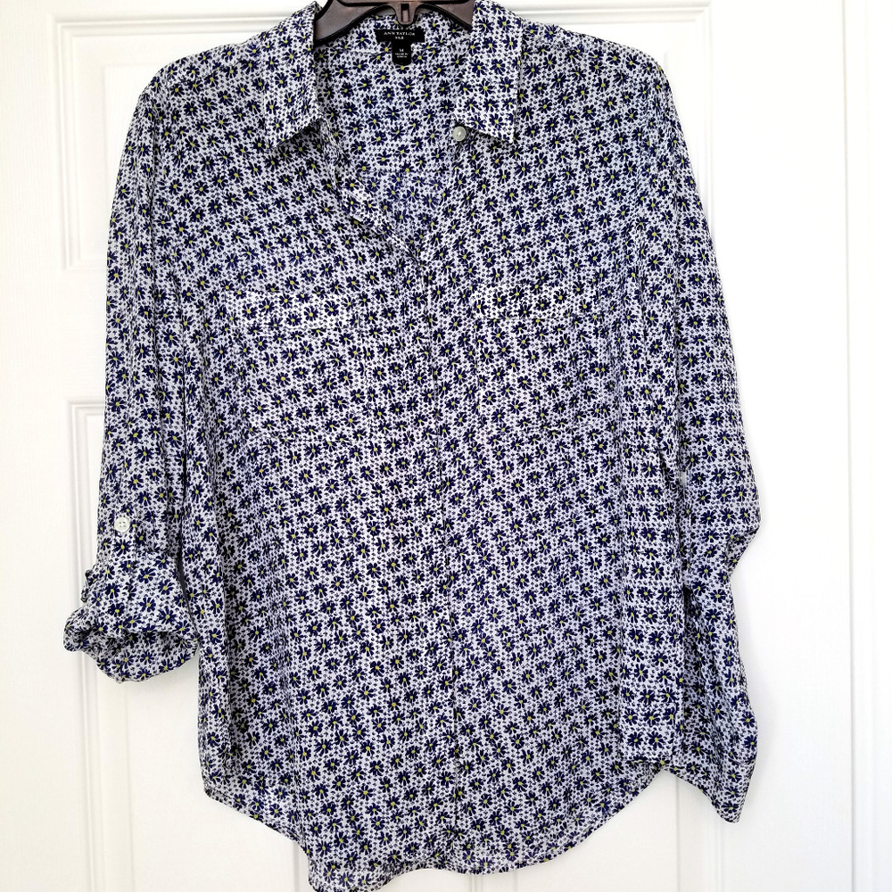 Ann Taylor Blue and Yellow Floral Silk Blouse